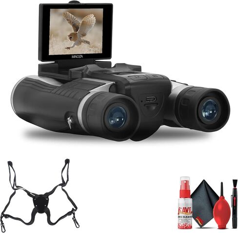 مناظير رقمية Minolta 12x32 - كاميرا فيديو 4K UHD، التقاط صور بدقة 48 ميجابكسل، تكبير رقمي 8X، شاشة IPS مضادة للوهج، بصريات مقاومة للضباب، مدمجة، مثالية لمراقبة الطيور والصيد أثناء السفر + الحزام in Kuwait