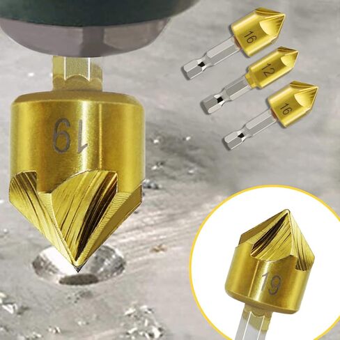 Countersink Drill Bit Set 6 Pcs 5 Flute Counter Sinker Drill Bits Tools HSS 1/4" Hex Shank for Wood Metal Quick Change 12mm 16mm 19mm (Large) in Saudi Arabia