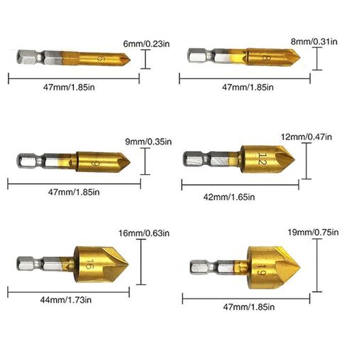 Countersink Drill Bit Set 6 Pcs 5 Flute Counter Sinker Drill Bits Tools HSS 1/4" Hex Shank for Wood Metal Quick Change 12mm 16mm 19mm (Large) in Saudi Arabia