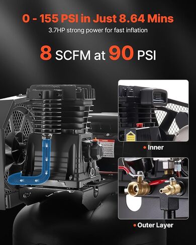 ضاغط هواء VEVOR 60 جالون للخدمة الشاقة، 3.7 حصان 8 SCFM عند 90 رطل لكل بوصة مربعة، ضواغط هواء بحد أقصى 155 رطل لكل بوصة مربعة، خزان ضاغط مشحم بالزيت للتصنيع الصناعي، ورش عمل كبيرة (230 فولت 60 هرتز، بدون قابس) in Kuwait
