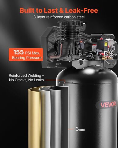 ضاغط هواء VEVOR 60 جالون للخدمة الشاقة، 3.7 حصان 8 SCFM عند 90 رطل لكل بوصة مربعة، ضواغط هواء بحد أقصى 155 رطل لكل بوصة مربعة، خزان ضاغط مشحم بالزيت للتصنيع الصناعي، ورش عمل كبيرة (230 فولت 60 هرتز، بدون قابس) in Kuwait