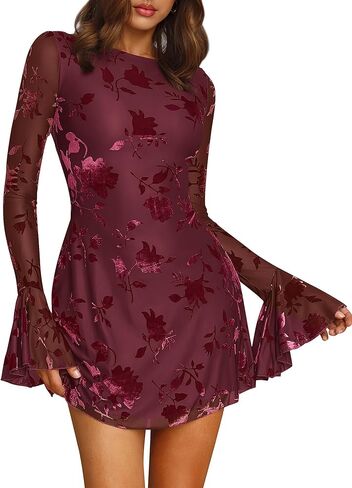 BTFBM Women Floral Wedding Guest Dress Fall 2025 Casual Long Sleeve Crew Neck Flowy Party Cocktail Mini Dresses in Saudi Arabia