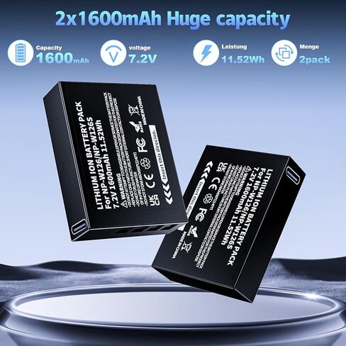 2 حزمة USB C NP-W126S بطارية مطورة، 1600 مللي أمبير في الساعة بطارية قابلة للشحن ومفككة بالكامل لكاميرا Fujifilm XM5 X100VI X100V XS10 XT30II XT30 XT20 XE4 A5 in Saudi Arabia