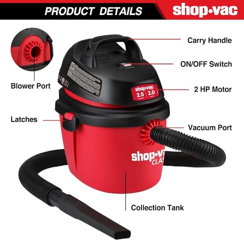 Shop-Vac 2.5 Gallon 2.0 Peak HP Wet/Dry Vacuum, Portable Compact Shop Vacuum with Top Handle, Wall Bracket & Attachments in Saudi Arabia