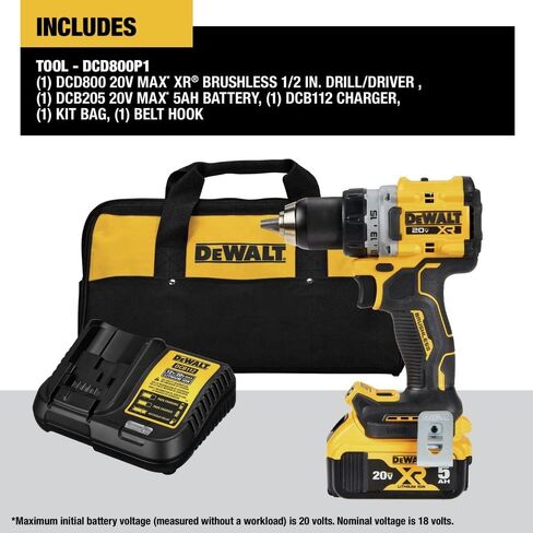 DEWALT 20V MAX* XR® بدون فرش لاسلكي 1/2 بوصة. مجموعة أدوات الحفر/المفك (DCD800P1)، أصفر (متجدد) in Saudi Arabia