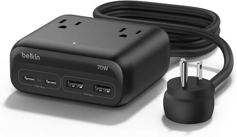 Belkin 3 -Otlet Gan Charging Station 70W ، Dual USB C Charger w/ 3x AC Outlets ، 2x USB A POTTRS - Power Strip for iPhone ، Apple Watch ، iPad ، MacBook ، Chromebook ، Samsung Galaxy ، Pixel 9 ، & More - Black - Black in Kuwait