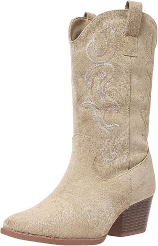 Cowboy Boots for Women Cowgirl Mid Calf Western Style Embroidery Stitched Low Chunky Heel Ladies Fashion Boots, US Size 5-11 in Kuwait