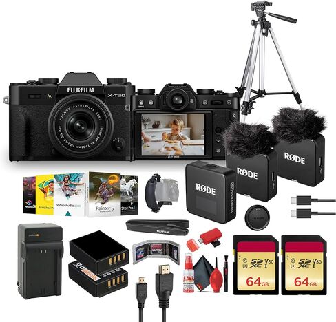 FUJIFILM X-T30 III Mirrorless Camera with 13-33mm f/3.5-6.3 Lens (Black) Bundle with RODE Wireless GO (Gen 3) 2-Person Compact Microphone + 64GB Memory Card + Tripod 72 INCH + Cleaning Kit + More in Saudi Arabia