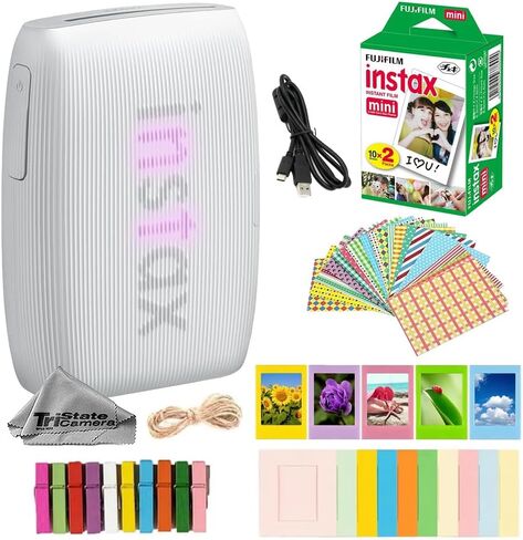 طابعة صور Fujifilm Instax Mini Link 3 اللاسلكية للهواتف الذكية (أبيض كلاي) مع فيلم فوري صغير (20 ورقة) + إطارات ملصقات زخرفية + إطار مكتب صغير ومشابك تعليق - حزمة in Saudi Arabia