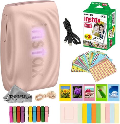 طابعة صور Fujifilm Instax Mini Link 3 اللاسلكية للهواتف الذكية (أبيض كلاي) مع فيلم فوري صغير (20 ورقة) + إطارات ملصقات زخرفية + إطار مكتب صغير ومشابك تعليق - حزمة in Saudi Arabia
