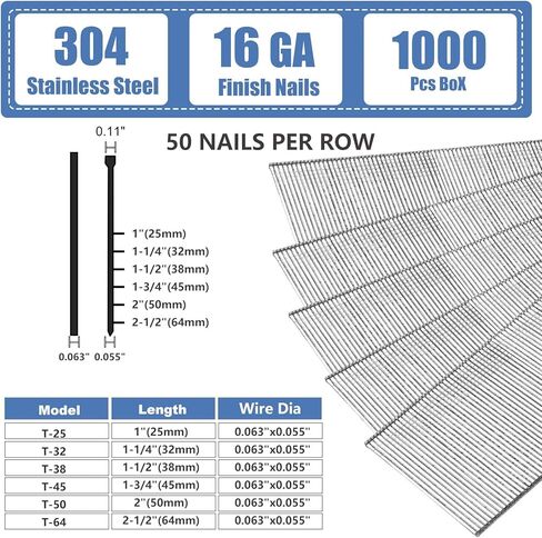 304 Stainless Steel 16 Gauge Straight Finish Nails, 5 Sizes 1000-Pack (1-1/4, 1-1/2", 1-3/4", 2", 2-1/2", 200 Per Size), Assorted Size Project Pack, for Pneumatic, Electric 16GA Finish Nailer in Saudi Arabia