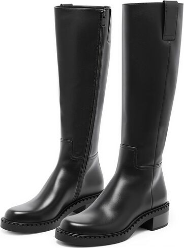 KaroNairy Women Knee High Boots Faux Leather Long Boots Low Chunky Heel Square Toe Side Zipper Fall Tall Boots in Kuwait