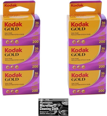 حزمة أفلام Kodak Gold 200 مقاس 35 مم، 6 بكرات (2 × 3 عبوات)، 36 عرضًا لكل منها، لكاميرا فيلم 35 مم تتضمن قطعة قماش من الألياف الدقيقة الفاخرة - حزمة Kodak مكونة من 6 لفات in Kuwait