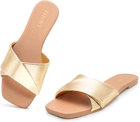 FITORY Women's Flat Sandals, Fashion Square Toe Slides with Cross-Strap | Soft Leather Slippers, Non-Slip Sole, All Day Comfortable Wear, Easy On & Off, Summer Beach Pool Vacation in Saudi Arabia