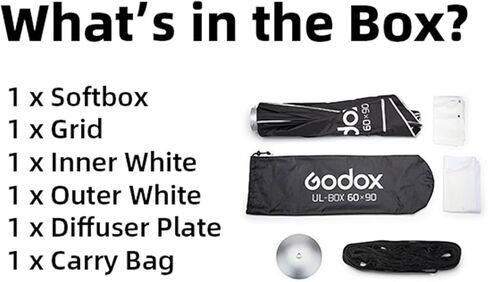 Godox UL 60x90 سم سوفت بوكس ​​سريع الفك، صندوق بوينز عالمي ناعم مستطيل الشكل مع ناشر/قبضة قرص العسل/قرص ناشر للتصوير الفوتوغرافي بفلاش الاستوديو، والبث، والصور، وأضواء الفيديو in Saudi Arabia