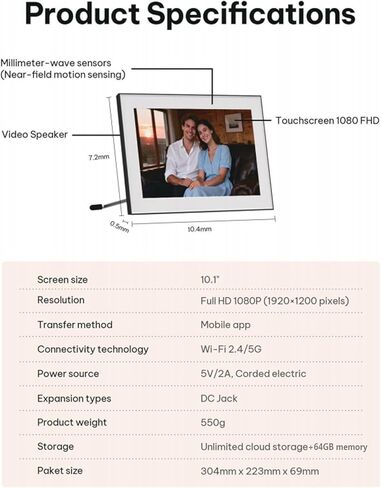 إطار صور رقمي بتقنية الذكاء الاصطناعي مقاس 10.1 بوصة - إطار صورة رقمي بتقنية WiFi بسعة 64 جيجابايت، وشاشة لمس بدقة 1920 × 1200 IPS FHD، ومستشعر للحركة، وصور AI ديناميكية، وتخزين سحابي غير محدود، وهدايا لعيد الميلاد/العائلة/ديكور المنزل in Kuwait