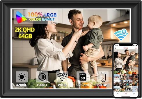 إطار صورة رقمي 2K 64 جيجابايت 11 بوصة WiFi6&5G إطار صور رقمي 1920x1280 FHD IPS شاشة لمس 100% sRGB، مشاركة الصور ومقاطع الفيديو عبر تطبيق Frameo، توسيع التخزين بواسطة بطاقة SD ومحرك USB، الساعة، الطقس in Kuwait