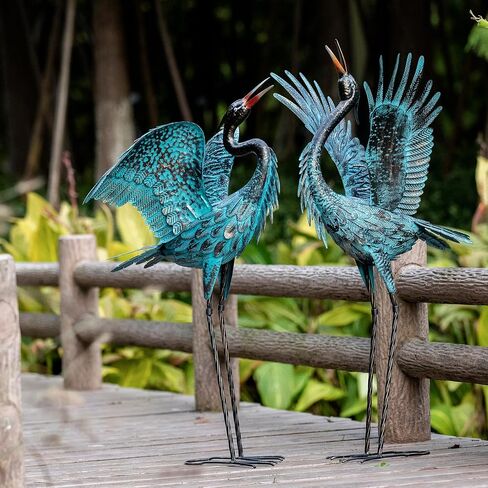 Natelf Garden Crane Sculptures & Statues, Blue Heron Decor Outdoor Large Bird Yard Art, Standing Metal Heron Lawn Ornaments for Home Patio Porch Backyard Decorations(Set of 2) in Saudi Arabia
