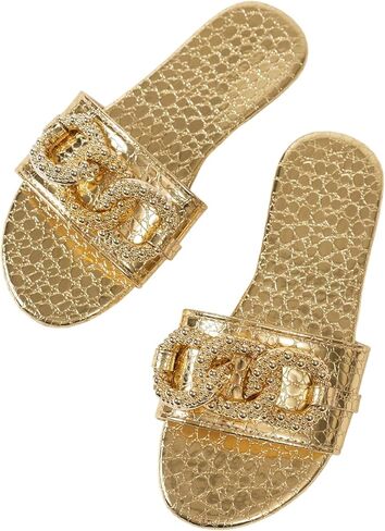 OYOANGLE Women's Gold Chain Crocodile Embossed Sandals Dressy Metallic Flats Open Toe Slides in Saudi Arabia