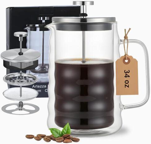 French Press Coffee Maker – 650ml / 22oz – Ribbed Glass Design – Borosilicate Glass with Stainless Steel Filter –Serves Small 4–5 cups in Saudi Arabia