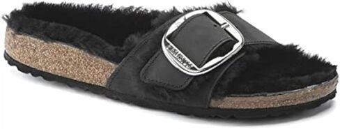 BIRKENSTOCK Ladies Madrid Big Buckle Shearling Smooth Leather Black Slippers in Saudi Arabia