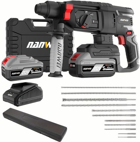 NANWEI 20V Heavy Duty SDS Plus Brushless Cordless Rotary Hammer Drill, Drilling Range 4-14mm, 3 Modes, Includes Two 4.0Ah Batteries, Great for Daily Use and Holiday Gifting (Set 5) in Saudi Arabia
