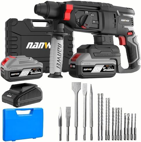 NANWEI 20V Heavy Duty SDS Plus Brushless Cordless Rotary Hammer Drill, Drilling Range 4-14mm, 3 Modes, Includes Two 4.0Ah Batteries, Great for Daily Use and Holiday Gifting (Set 5) in Saudi Arabia