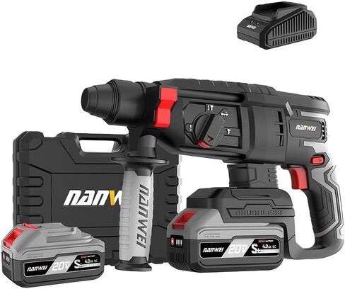 NANWEI 20V Heavy Duty SDS Plus مثقاب مطرقة دوارة لاسلكي بدون فرش، نطاق الحفر 4-14 مم، 3 أوضاع، يتضمن بطاريتين 4.0 أمبير، رائع للاستخدام اليومي وهدايا العطلات (مجموعة 5) in Kuwait