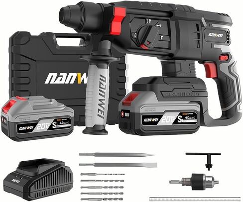 NANWEI 20V Heavy Duty SDS Plus Brushless Cordless Rotary Hammer Drill, Drilling Range 4-14mm, 3 Modes, Includes Two 4.0Ah Batteries, Great for Daily Use and Holiday Gifting (Set 5) in Saudi Arabia