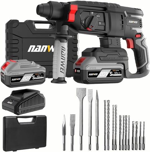 NANWEI 20V Heavy Duty SDS Plus Brushless Cordless Rotary Hammer Drill, Drilling Range 4-14mm, 3 Modes, Includes Two 4.0Ah Batteries, Great for Daily Use and Holiday Gifting (Set 5) in Saudi Arabia
