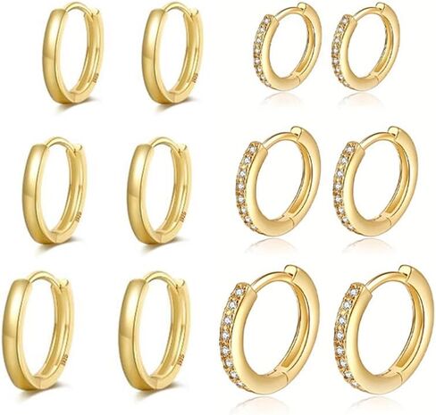 6 Pairs 925 Sterling Silver Women'S Small Hoop Earrings, 14k Real Gold Hypoallergenic Small Cubic Zirconia Cartilage Huggie Earring Set For Many Piercings Fashion Jewelry 8/10/12mm in Saudi Arabia