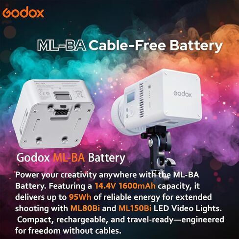 بطارية GODOX ML-BA، متوافقة مع مصابيح فيديو LED ثنائية اللون ML80Bi وML150Bi، حزمة طاقة قابلة لإعادة الشحن 14.4 فولت 6600 مللي أمبير في الساعة مع شحن USB-C للاستوديو والتصوير الخارجي in Saudi Arabia