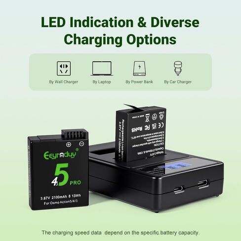 Osmo Action 5 Pro/4/3 Charger Charger Kit 2-Pack 2100mAh Battery و 2-channel Fast Charger Hub (Action 5) in Kuwait