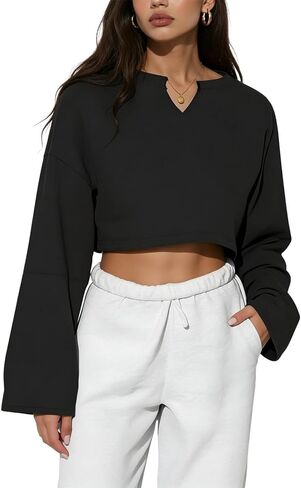Womens V Neck Long Sleeve Cropped Sweatshirt Loose Fit Casual Workout Shirts Crop Tops Pullover in Saudi Arabia