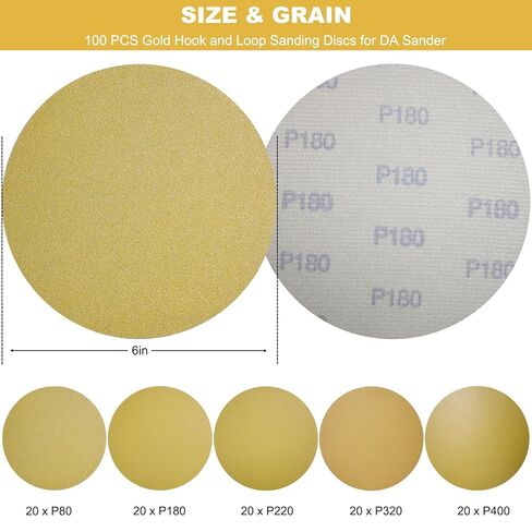 100 PCS 6 Inch No-Hole Sanding Discs Assorted- 80, 180, 220, 320 400 Grit Hook and Loop Sandpaper - 6" Da Sandpaper Finishing Discs for Woodworking or Automotive in Saudi Arabia