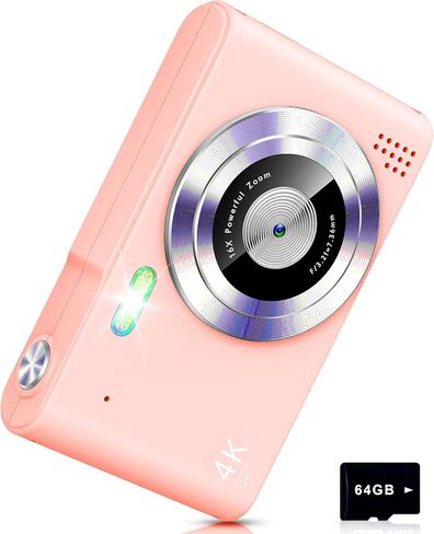 Digital Camera, Camera for Kids, UHD 4K 48MP Point and Shoot Digital Cameras with 64GB SD Card and 16X Digital Zoom Anti Shake, Compact Portable Small Gift for Boys Girls Students, Pink in Kuwait