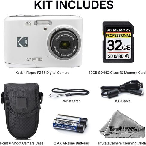 كاميرا رقمية Kodak PIXPRO FZ45، كاميرا مدمجة بدقة 16 ميجابكسل، تكبير بصري 4X، عدسة زاوية واسعة 27 مم، فيديو عالي الدقة 1080 بكسل، أبيض + حافظة كاميرا وبطاقة SD سعة 32 جيجابايت in Kuwait