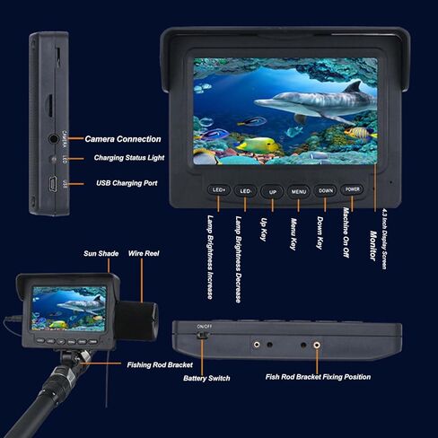 كاميرا LCD مقاس 4.3 بوصة تحت الماء بزاوية واسعة 165 درجة، مكتشف أسماك رقمي مقاوم للماء - إضاءة LED عالية السطوع، كابل متين، مثالي لصيد الأسماك البحرية والاستكشاف تحت الماء in Kuwait