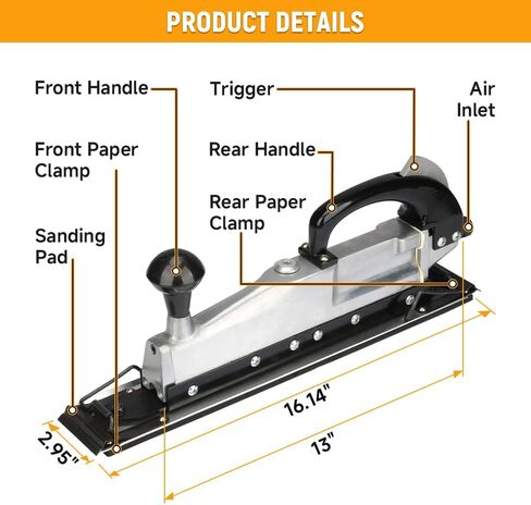 Hoteche 1/4" Air Sander, 2500RPM Pneumatic Sander with 64x407mm Sanding Pad, Polished Aluminum Body, Black, Color Box Packaging in Saudi Arabia