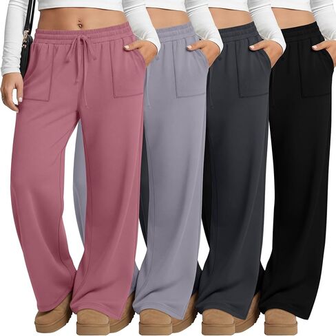 4 Pack Women Plus Size Pants Drawstring Yoga Pants with Pockets Baggy Wide Leg Sweatpants Lounge Palazzo Trousers in Saudi Arabia