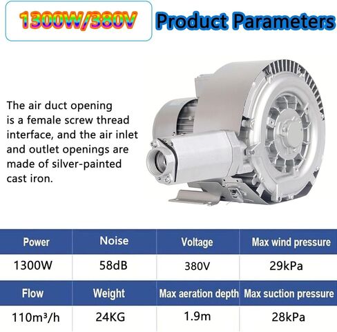 380V Three Phase Regenerative Blower - High-Pressure Industrial Electric Air Pump for Air Blowing/Suction, 1300W Vortex Blower for Commercial Aquaculture Applications in Saudi Arabia