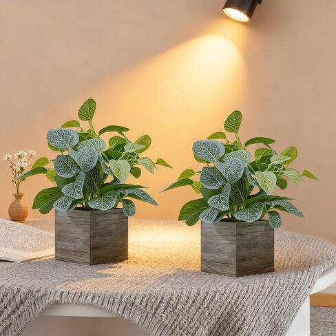 2 Pack Artificial Green Plants with 4"×4" Wooden Cube Bases, 13.5" Tall Faux Foliage for Home & Office Decor, Bookshelf, Bedroom, Living Room, Party, Indoor, Wedding Decorations in Saudi Arabia