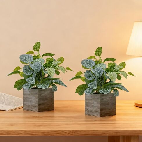 2 Pack Artificial Green Plants with 4"×4" Wooden Cube Bases, 13.5" Tall Faux Foliage for Home & Office Decor, Bookshelf, Bedroom, Living Room, Party, Indoor, Wedding Decorations in Saudi Arabia