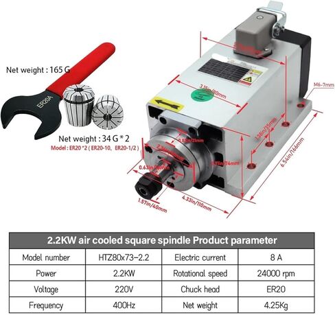 2.2KW spindle motor 110v / 220v ER20 400hz 24000RPM + ER20A wrench + 2 pcs ER20 chuck 1/2 inch 10mm in Saudi Arabia