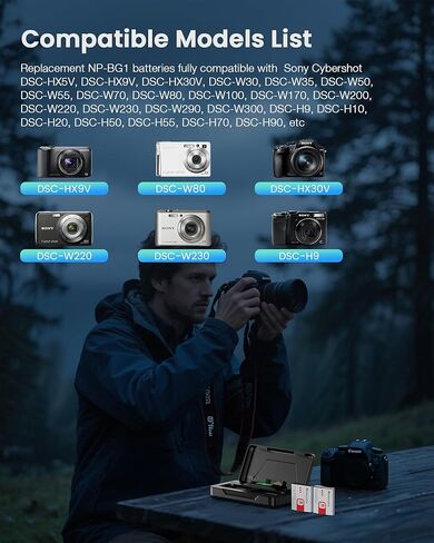 عبوتان من بطارية NP-BG1/NP-FG1 مع شاحن مزدوج لسوني Cybershot DSC-HX5V، DSC-HX9V، DSC-W30، DSC-W35، DSC-W50، DSC-W55، DSC-W70، DSC-W80، DSC-W290، DSC-H10، H20، H50، H55، H70، H90 in Kuwait
