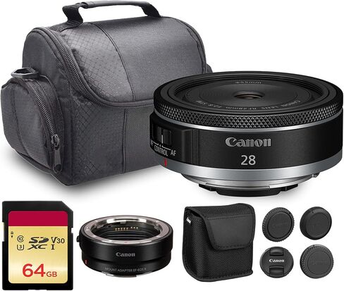 عدسة كانون RF 28 ملم f/2.8 STM | برايم صغير الحجم ذو زاوية واسعة مع فتحة f/2.8 سريعة، وتركيز تلقائي سلس STM وتصميم خفيف الوزن | لصور السفر والشوارع واليومية (6128C002) + محول EF-EOS R + المزيد in Kuwait