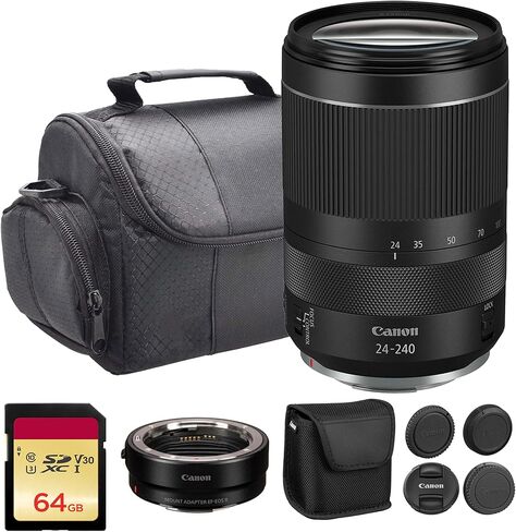 عدسة كانون RF 24-240mm f/4-6.3 IS USM | تكبير/تصغير فائق الكل في واحد مع تثبيت الصورة ونطاق تكبير عريض 10x وتركيز تلقائي USM سريع | مثالية للسفر والتصوير الفوتوغرافي اليومي (3684C002) + محول EF-EOS R + المزيد in Kuwait