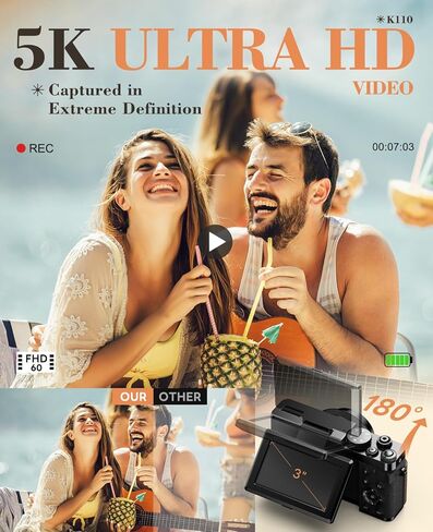 5K 64MP Digital Camera for Photography & YouTube Vlogging - 18X Zoom UHD Autofocus Video Camera with 3" 180° Flip Screen, 64GB TF Card & 2 Batteries - Compact Travel in Saudi Arabia