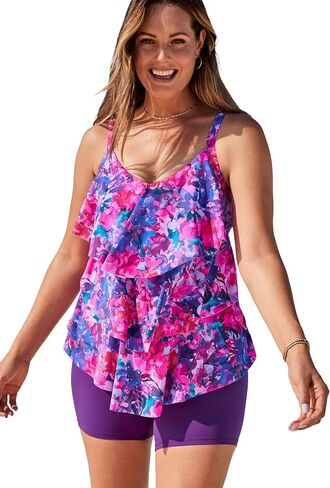 Swim 365 Women's Plus Size Long-Length Tier-Rucker-Rucker Tankini Top in Kuwait