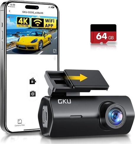 GKU 4K DASH CAM ، مقدمة كام داش مع UHD 2160P ، WIFI DASHCAM المدمج في واي فاي ، شاشة وقوف السيارات 24H ، الرؤية الليلية ، WDR ، زاوية واسعة 170 درجة ، تسجيل حلقة ، مستشعر G ، DashCam يتضمن بطاقة 64 جيجابايت (أسود) in Kuwait